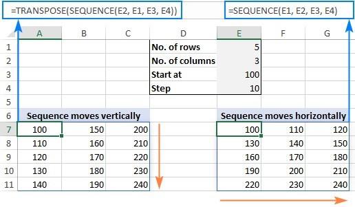sử dụng hàm transpose và sequence để nhập dãy số tự động từ trên xuống dưới rồi sang phải